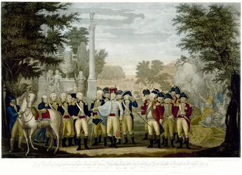 La resa delle armi britanniche al Gen. Washington dopo la sconfitta a York Town in Virginia, ottobre 1781