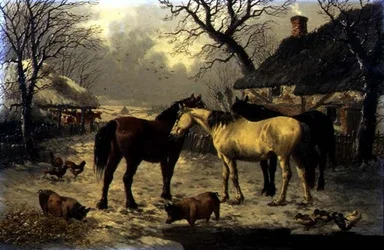 Scena invernale di un cortile agricolo