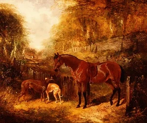 Un pony baio sellato e levrieri in un paesaggio fluviale boscoso