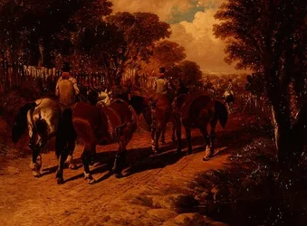 Cavalli da carrozza e stallieri su un sentiero
