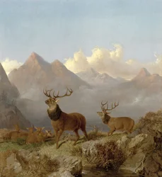 (dettaglio) Cervi e cerve in un paesaggio montano, 1864