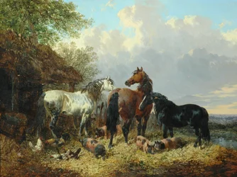 Tre cavalli con maiali