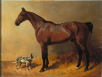 Un cavallo da caccia e un cane maculato in un interno di stalla, 1846