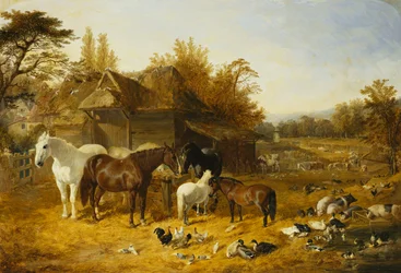 Un Cortile con Cavalli e Pony, Berkshire, Saddlebacks, Bovini Alderney Shorthorn, Bantam, Germani Reali e Faraone, con una Villa di Campagna Lungo un Fiume in Lontananza, 1853