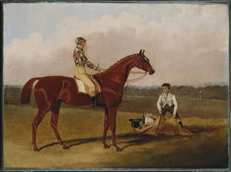 Barefoot, il cavallo da corsa, con un fantino e un groom, 1835