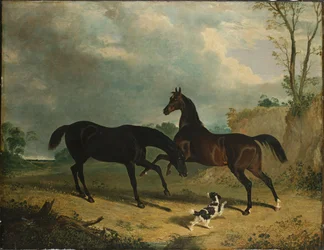 Cacciatori e uno spaniel in un paesaggio boscoso, 1835