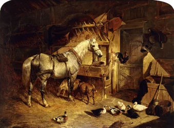 Interno di una stalla con un cavallo grigio maculato in bardatura, con anatre, capre e un gallo vicino a una mangiatoia, 1843