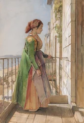Una ragazza greca in piedi su un balcone