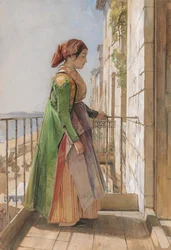 Una ragazza greca in piedi su un balcone
