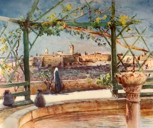 Chiesa della Natività a Betlemme da un giardino sulla collina opposta
