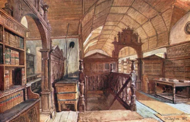 Interno della biblioteca del Merton College (litografia a colori)
