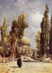 La Cupola della Roccia (Moschea di Omar) vista dal portico sul lato nord della Moschea di El Aksa