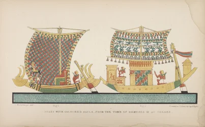 Barche con vele colorate, dalla tomba di Ramesse III a Tebe, illustrazione da "Usi e costumi degli antichi egizi..."
