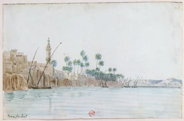 Veduta di Manfaloot". Acquerello. John Gardner Wilkinson (1797-1875) esploratore ed egittologo inglese. Città sul fiume Nilo, con minareto, palme e barche alla fonda. Egitto