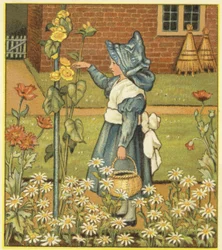 Ragazza nel giardino con malvarosa, papaveri e margherite