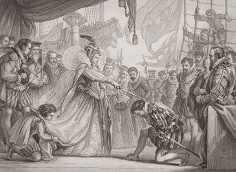 La regina Elisabetta I (1530-1603) che nomina cavaliere Francis Drake (1540-96) da 
