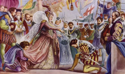 La regina Elisabetta I nomina cavaliere Sir Francis Drake a bordo della sua nave, il Golden Hind, Deptford, 1581