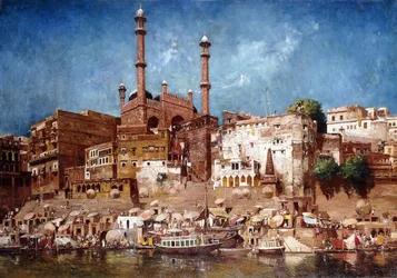 Veduta dei ghat con la moschea di Aurangzeb, Benares