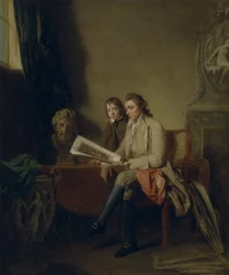 Ritratto di uomo e ragazzo che guardano delle stampe