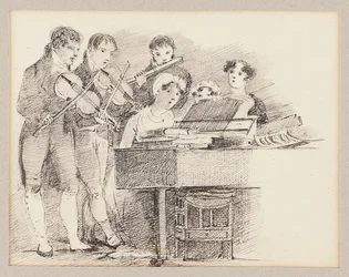 Pianista accompagnato da violinisti e un flautista
