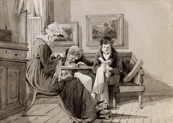 Interno sociale a Brathay Hall, raffigurante Jessy Harden, Rev. Owen Lloyd e H. Almack, c.1827