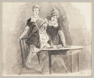 Tre a un tavolo, uno seduto, 1807