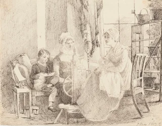 Donne alla ruota di filatura e un ragazzo con una barca giocattolo, 1807
