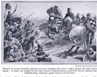 Edoardo II radunò un esercito e combatté una battaglia a Bannockburn nel 1314 d.C., dove Bruce sconfisse gli inglesi, c.1950