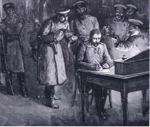 Il principe Alessandro firma la sua abdicazione 1886, illustrazione da La storia delle nazioni di Hutchinson VOL 4 c.1920s