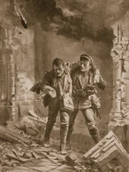 Il Soldato A.E. Walker che assiste un compagno ferito da una chiesa in fiamme usata come ospedale