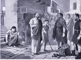 Coloni romani commerciano con i Daci autoctoni, illustrazione dalla Storia delle nazioni di Hutchinson, vol. 4, circa anni 1920