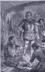 Santiago, inviato in avanscoperta, si arenò e fu naufragato, Newnes Pictorial Knowledge pubblicato da Newnes, c.1950