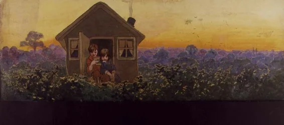 Le cime degli alberi al tramonto un anno dopo: Peter nella casetta con Wendy durante la sua visita annuale di pulizie di primavera, illustrazione per 