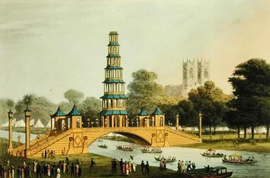Il ponte cinese e la pagoda, eretti nel parco in commemorazione della Gloriosa Pace del 1814, incisi da Matthew Dubourg (fl.1785-20)