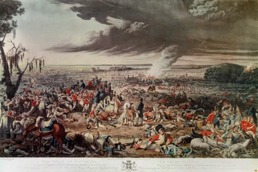 Il campo di Waterloo come appariva la mattina dopo la memorabile battaglia del 18 giugno 1815, acquatinta di M. Dubourg