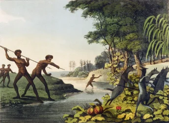 Caccia al canguro, aborigeni nel Nuovo Galles del Sud inciso da Matthew Dubourg (fl.1813-1820) 1813
