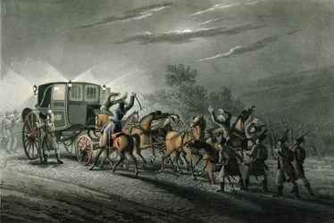 La Cattura della Carrozza di Bonaparte, Documenti e Tesoro da parte del Maggiore von Keller, Waterloo, 18 Giugno 1815, inciso da Matthew Dubourg