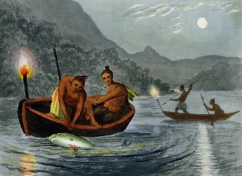 Pesca alla luce delle torce in Nord America, inciso da H. Merke, pubblicato da Edward Orme