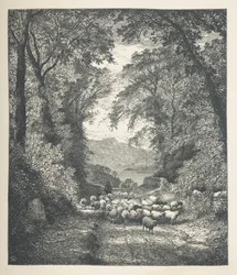 Pecore guidate da un pastore lungo un sentiero, Nature Pictures, Una serie di trenta illustrazioni originali disegnate su legno da J. H. Dell, e incise da R. Paterson