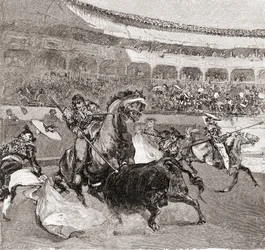 Una corrida a Siviglia, Spagna, tratta da "The Century Illustrated Monthly Magazine", pubblicato nel 1884 (incisione su legno)
