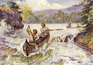 Canadesi che affrontano rapide in canoa