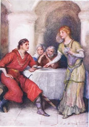 Enid serve Geraint, illustrazione per Storie per bambini da Tennyson di Nora Chesson