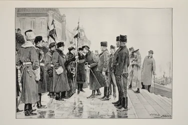 Lady Minto che presenta i colori al cavallo di Herchmer, in partenza da Ottawa, 19 gennaio 1900, da una fotografia di J.C. Hemment