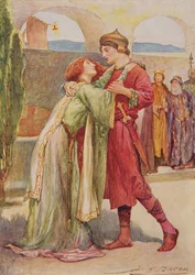 Posthumus e Imogene in Cimbelino da Storie per Bambini da Shakespeare di Edith Nesbit, pub. da Raphael Tuck & Sons Ltd., Londra
