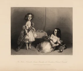 Henrietta Louisa Priscilla e Geraldine Harriet Somerset, figlie di Henry Somerset, 7° Duca di Beaufort. Due ragazze in abiti scollati con nastri, capelli a boccoli, che giocano con un set da tè giocattolo e una palla. Incisione in acciaio di H. Cook