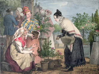 Il mercato dei fiori, Parigi, inciso da Charles Joseph Hullmandel (1789-1850), pubblicato nel 1821