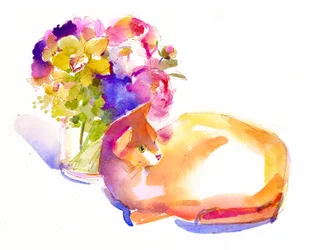 Gatto arancione con fiori