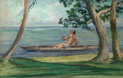 Ragazzo in canoa davanti alla nostra casa, Vaiala, Samoa
