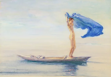 Ragazza a prua di una canoa che stende il suo perizoma come vela, Samoa, ca. 1895-96