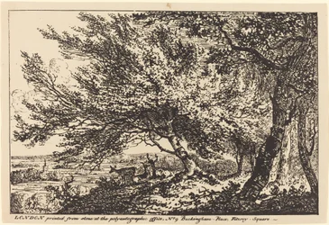 Paesaggio con cervi sotto gli alberi